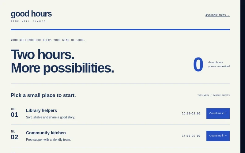 Preview of Good Hours — volunteer roster