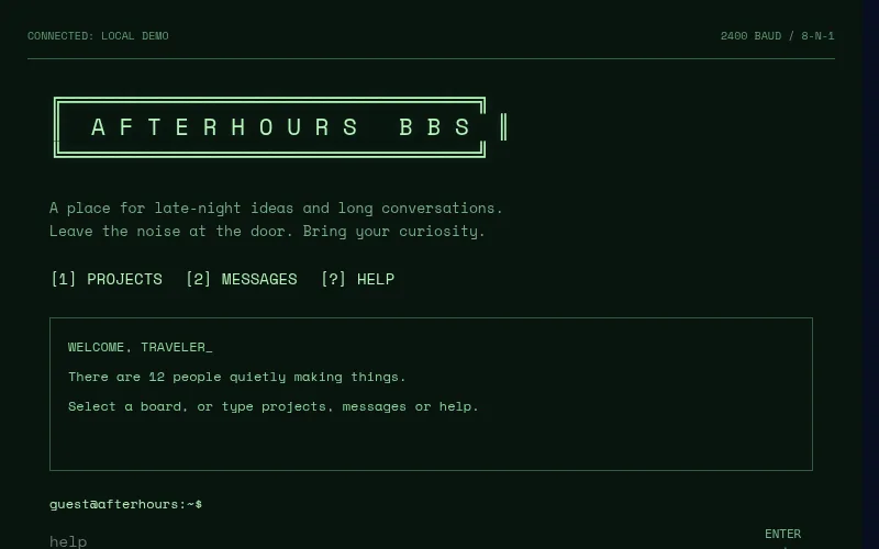 Preview of Afterhours — terminal BBS