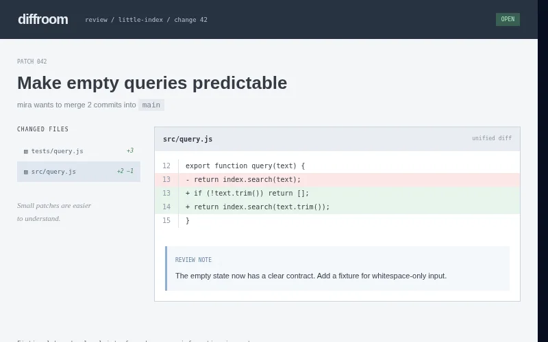 Preview of Diffroom — patch review workspace