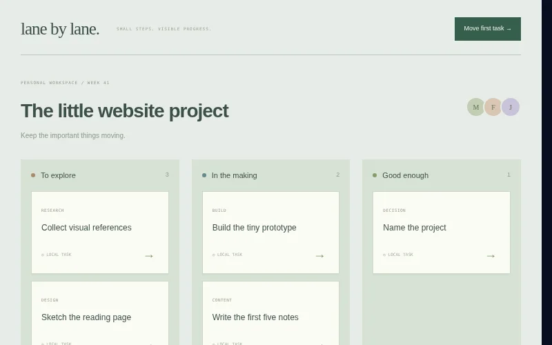 Preview of Lane by Lane — project board