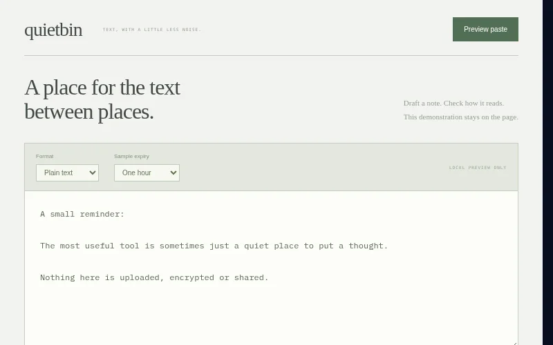 Preview of Quietbin — minimal paste workspace